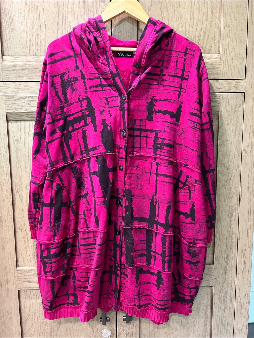 Bold Fuchsia & Black Hooded Button Long Terry Cardigan